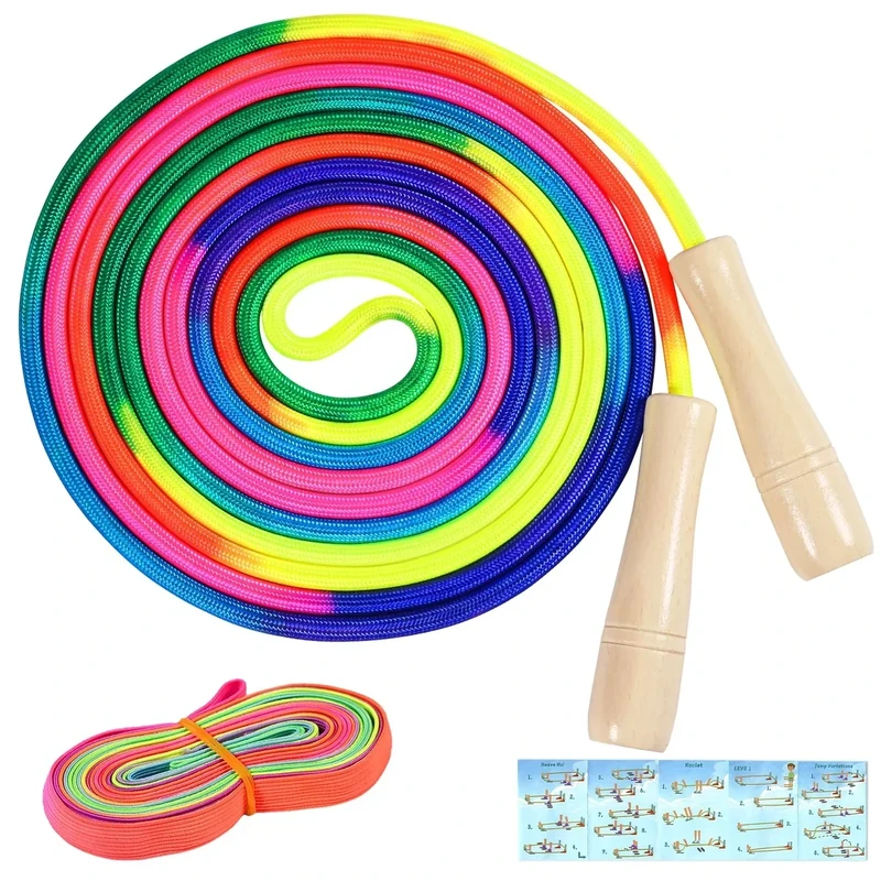 Qetlavee Springseil Kinder und Gummitwist,5 M Langes Springseil für Mehrspieler,Hüpfseil Set,Verstellbarer Holzgriff, Rainbow, outdoor spiele für kinder,Ideal für Geburtstag Kindertag
