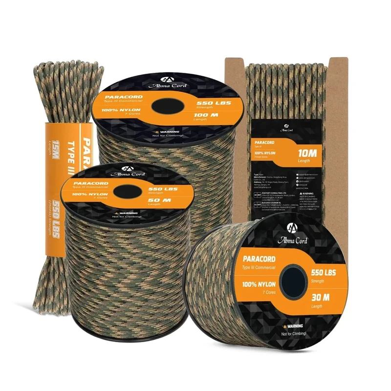 Abma Cord Paracord 550 4mm 100M 100% Nylon Seil Typ III Schnur mit 7 Kern für Basteln, Camping, Survival, Outdoor - Max. 250kg (550lbs) - R Camo