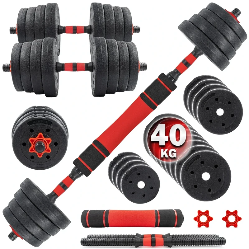 C.P. Sports 2in1 Kurzhantel – Langhantel Set 20kg / 30kg / 40kg | Hantelscheiben – Gewichte – Hantelstangen | verstellbare Hanteln – Hantelset für Krafttraining, Fitness, Home Gym (rot – 40kg Set)
