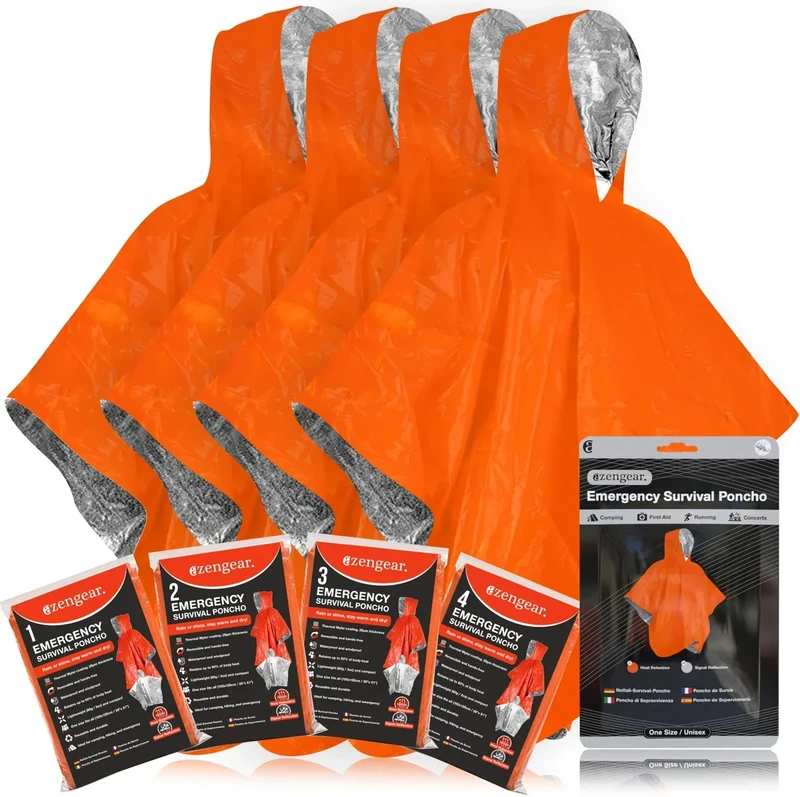 aZengear Notfall-Survival-Poncho (4 Stück) Thermo-Mylar-Folienbeschichtung Decke für Wärmehaltung und Regen | wendbar mit Kapuze | wasserdicht, Winddicht, tragbar, freihändig, Outdoor-Kit