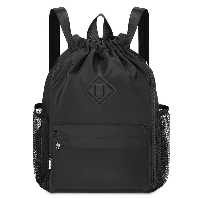 WANDF Rucksack mit Kordelzug, Sporttasche mit Schuhfach, wasserabweisender String-Rucksack Cinch für Damen Herren (Mittel,Schwarz)