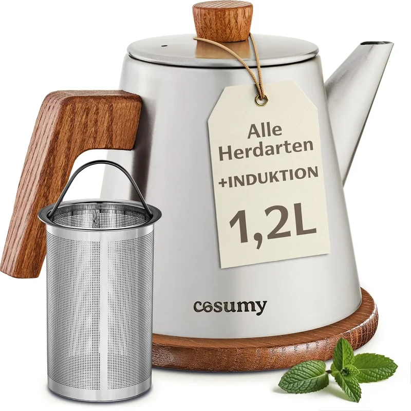 Cosumy Teekanne mit Siebeinsatz und Untersetzer - Dickes Edelstahl - Induktion & alle anderen Herdarten - 1200ml - Thermo Teekanne Metall mit Warmhaltefunktion