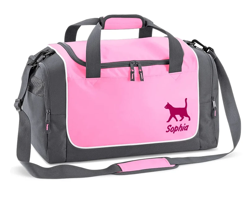 Sporttasche mit Name | Katze ROSA | personalisierbar individuell Bedruckt Geschenk Katzenmama für Kinder & Erwachsene kleine Reisetasche pink grau Schulsport Geschenk Schulanfang