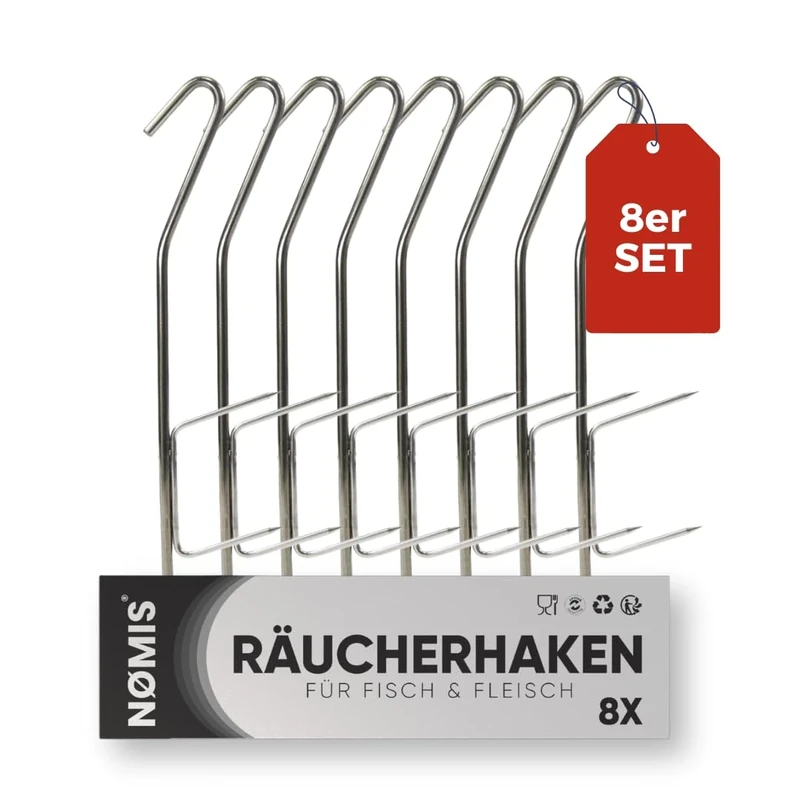 Räucherhaken [8er Set] Fleischerhaken Edelstahl für Fisch und Fleisch | Edelstahl Räucherhaken Forelle, Markele, Aal und mehr | Räucherhaken Fisch | 8x 21cm | Räucherofen u. Räucherchips Zubehör