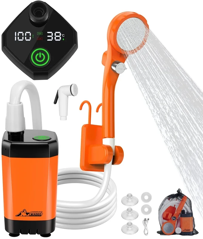 WADEO Tragbare Campingdusche Akku mit Pumpe, Camping Dusche mit Typ-C-Aufladung 6000-mAh-Akku, Mobile Duschen Außenduschen mit Duschkopf, für Camping Reisen Garten Wandern Autowaschen (Orange)