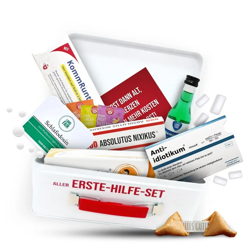 Longfair Geburtstag Geschenk | Aller-Erste Hilfe Set Geschenkbox, witziger Sanikasten | Das Original | Spaßgeschenk (ohne Altersangabe)