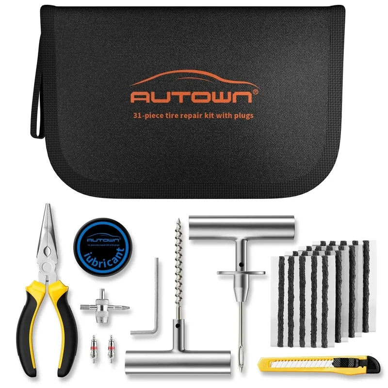 AUTOWN Universal Tire Repair Kit, 31-teilig Reifenreparaturset mit Stopfen für die Reparatur von Reifenpannen, Reifenflicken-Kit für PKW, Motorrad, ATV, Jeep, LKW, Traktor
