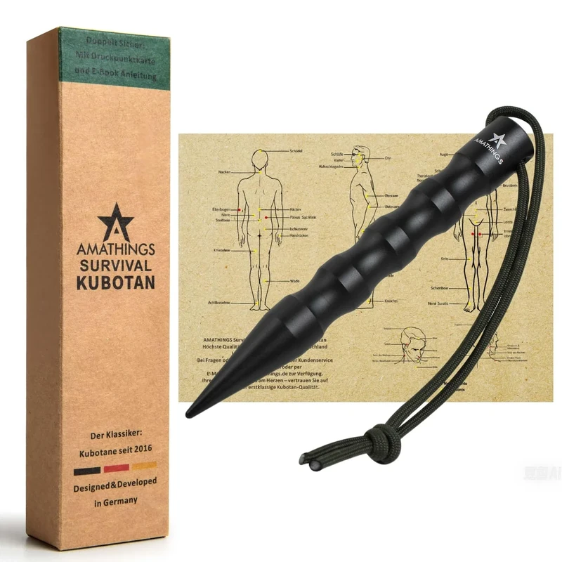 AMATHINGS Survival Kubotan Schwarz – Druckverstärker mit Handschlaufe – Extra Stark für Notsituationen als Notfallhammer Glasbrecher & Schlüsselanhänger – Effektive Selbstverteidigung