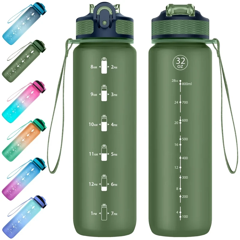 EYQ 1L Trinkflasche, Sportwasserflasche mit Stroh, Tritan BPA Free Water Flasche mit Zeitmarker für die Schule im Outdoor -Sport im School Fitnessstudio–Dunkelgrün