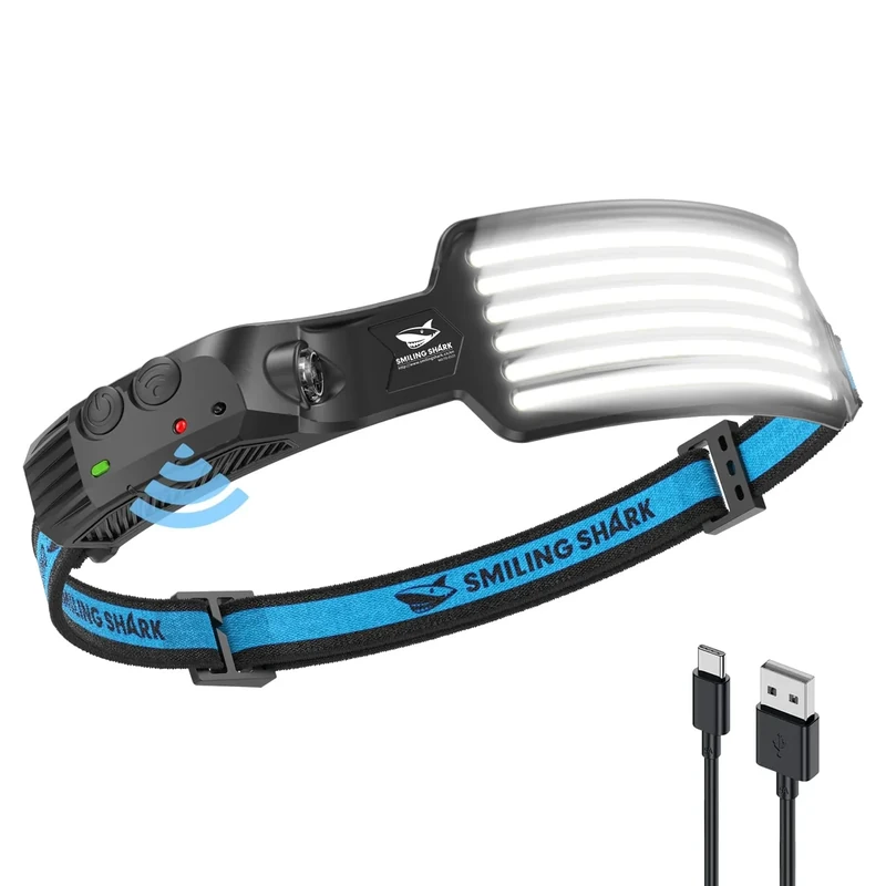 Smiling Shark Kopflampe, Wiederaufladbare LED Stirnlampe Mit 6 Weißen LEDs, Wasserdichte Headlamp für Camping, Joggen, Angeln - Super Hell Und Weitwinkel