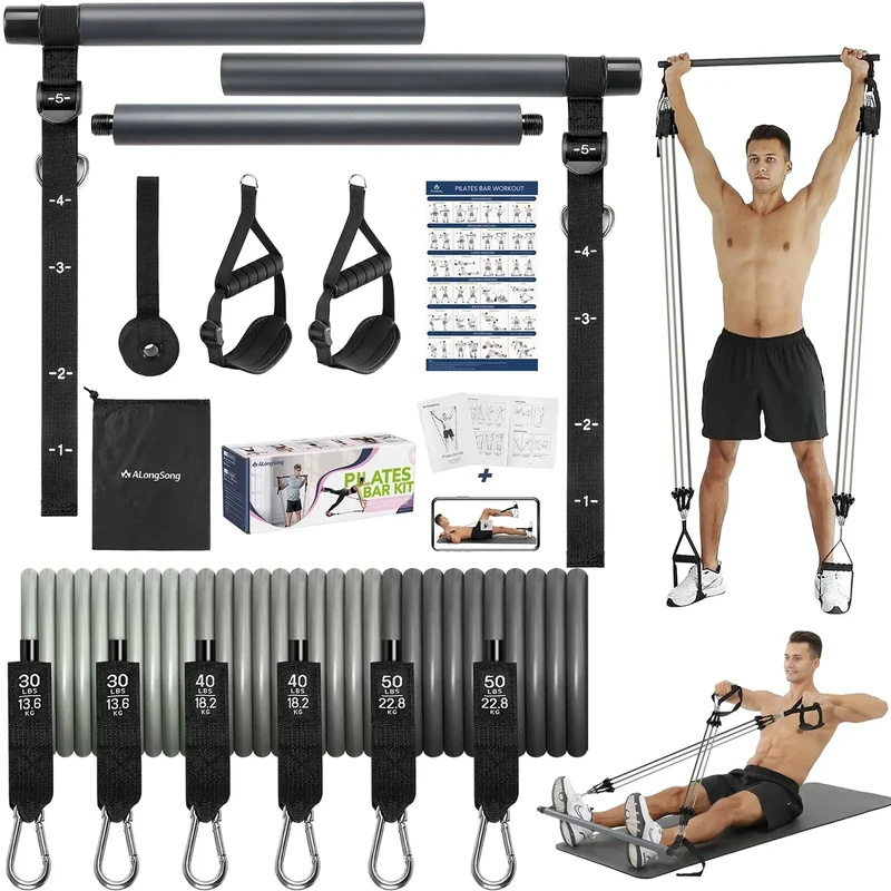 ALongSong Fitnessbänder Pilates Bar Set mit 6 Widerstandsbänder 30/40/50lbs, Resistance Bands Verstellbare und Abnehmbare, Pilates-Stange, Griffe, Türanker (Grau, 30/40/50lbs)