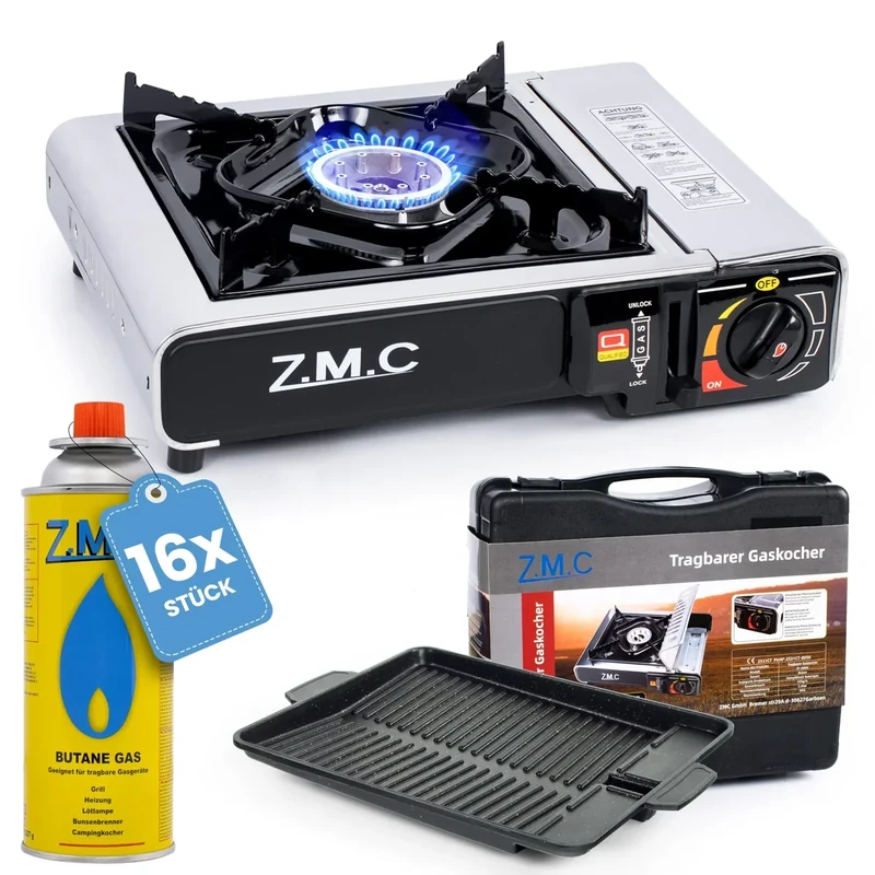 Z.M.C Edelstahl Gaskocher 1-flammig + Aufbewahrungskoffer + Grillplatte 33x26x4 cm, mit 16x Gaskartuschen 227g, Campingkocher für Outdoor und Innenraum, Campinggaskocher 2,2 kW, mit Piezozündung