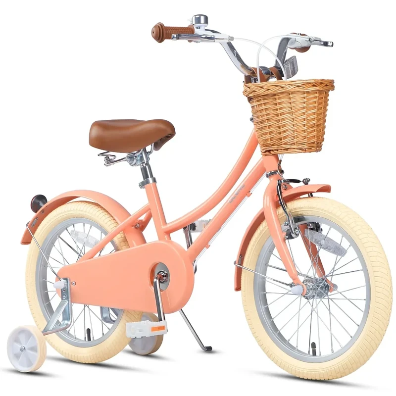 Glerc 16 Zoll Kinder Mädchen Fahrrad für 4 5 6 7 8 Jahre alt kleine Mädchen Retro Vintage-Stil Fahrräder mit Korb Training Räder und Glocke, Pfirsich