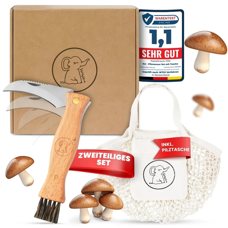 Eli® Pilzmesser mit Bürste inkl. Pilztasche aus Baumwolle - hochwertiges Schwammerlmesser mit Pinsel - Taschenmesser - Klappmesser - Gartenmesser - Gartenhippe - Pilzbürste - Beutel - Schnitzmesser