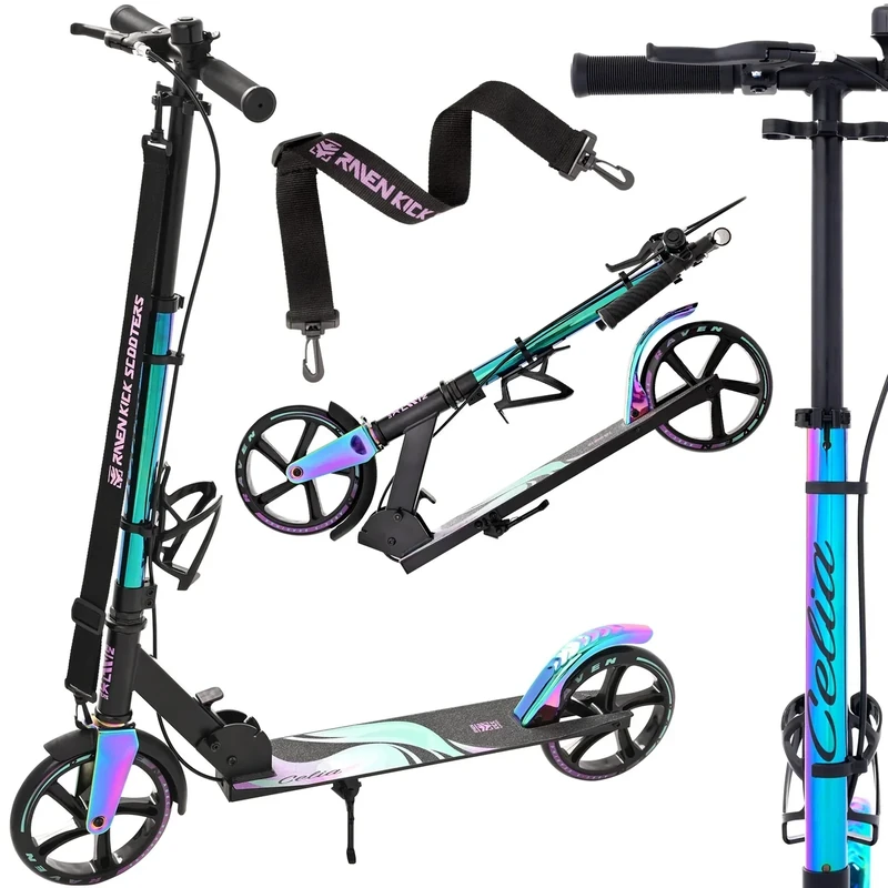 RAVEN Scooter Roller Tretroller Kickscooter für Kinder Erwachsene |klappbar | höhenverstellbar | Tragegurt | Klingel | Flaschenhalter (Celia Black mit Handbremse, 200mm)