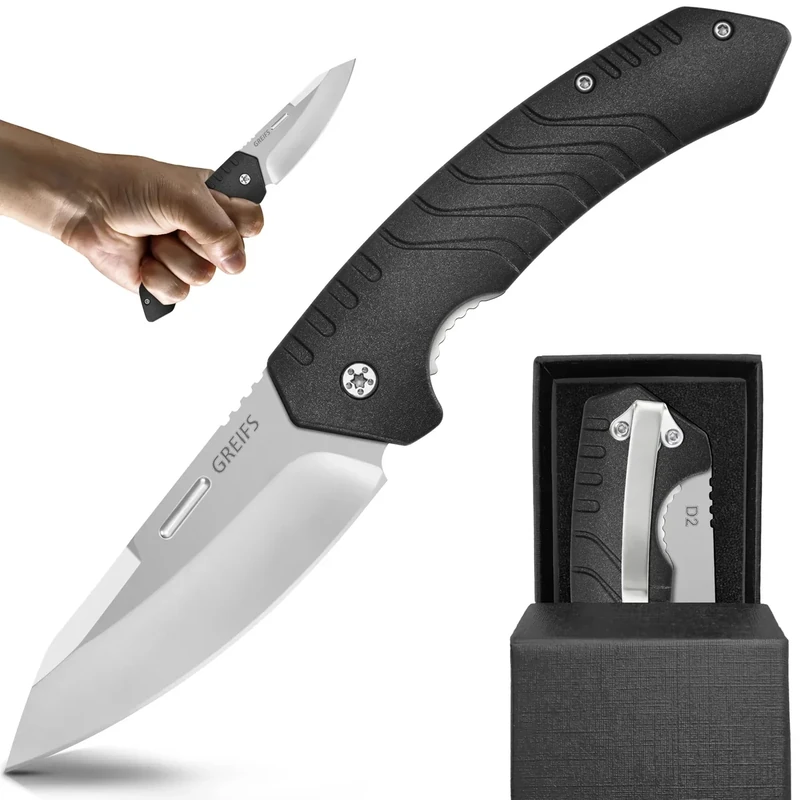 GREIFS® Klappmesser G1 (Zweihandmesser) Messer mit Tasche, Outdoor & Survival Taschenmesser, Überlebensmesser, Jagdmesser (G1+D2-Stahl, Silver)