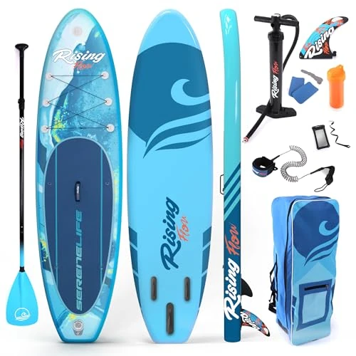 SereneLife Aufblasbares Stand Up Paddle Board - Breites stabiles Design, rutschfestes Deck für Erwachsene & Jugendliche mit Premium-Paddelboard-Zubehör: Tragetasche, Dual-Action-Pumpe, Paddel,