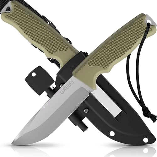 GREIFS® Outdoor-Messer G-Serie aus 440C Stahl mit Holster & Dangler, edles Survival Messer für die Bushcraft Ausrüstung, Jagdmesser, Schnitzmesser, Angelmesser (G7/Silber-Grün)