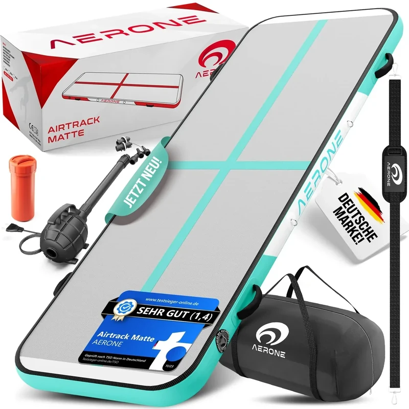 AERONE Airtrack Turnmatte Aufblasbar | Air Tracking Matte 4m [Zubehör Schultergurt Tragetasche Luftpumpe] Air Track für Turnen Gymnastik Zuhause Outdoor Pool | Mint