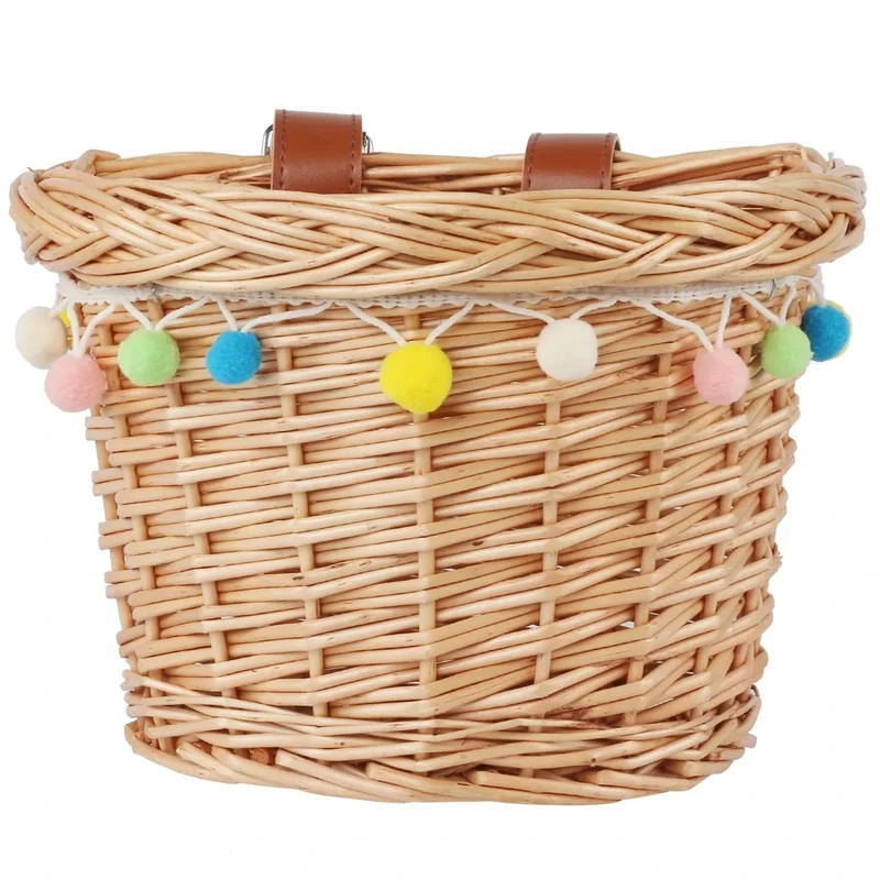 AVASTA Wicker Kids Bike Basket für 12, 14, 16 Mädchen & Jungen Fahrräder, Roller, Dreirad, kommen mit Lederriemen, dekoriert mit Filzkugeln, Größe XS, Honig gelb