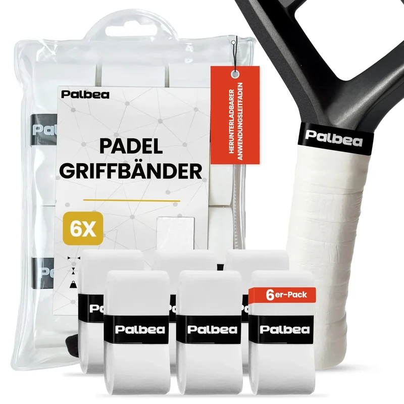 Palbea Padel Griffband - 6er-Pack - Extra Klebrig - Weiß - Hohe Schweißabsorption - Rutschfestes Padel Tennis Overgrip - Weiche Oberfläche - Speziell für Padel-Schläger entwickelt.