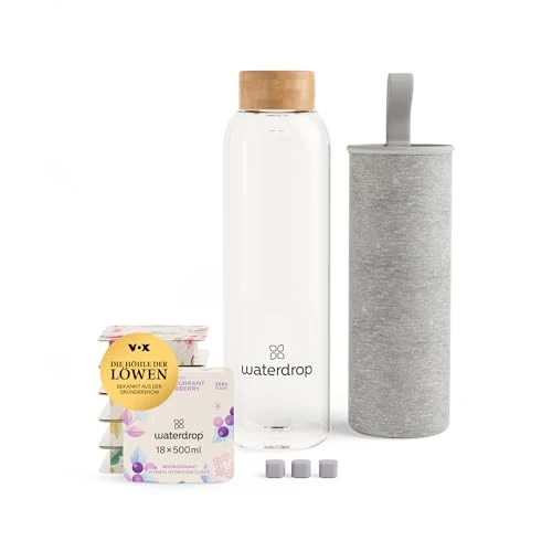 waterdrop® Starter Set Glass – Trinkflasche – 18 zuckerfrei Getränkewürfel zum Auflösen – 6 fruchtige Sorten – 600ml Glasflasche auslaufsicher – Kohlensäure geeignet, Getränkepulver zuckerfrei