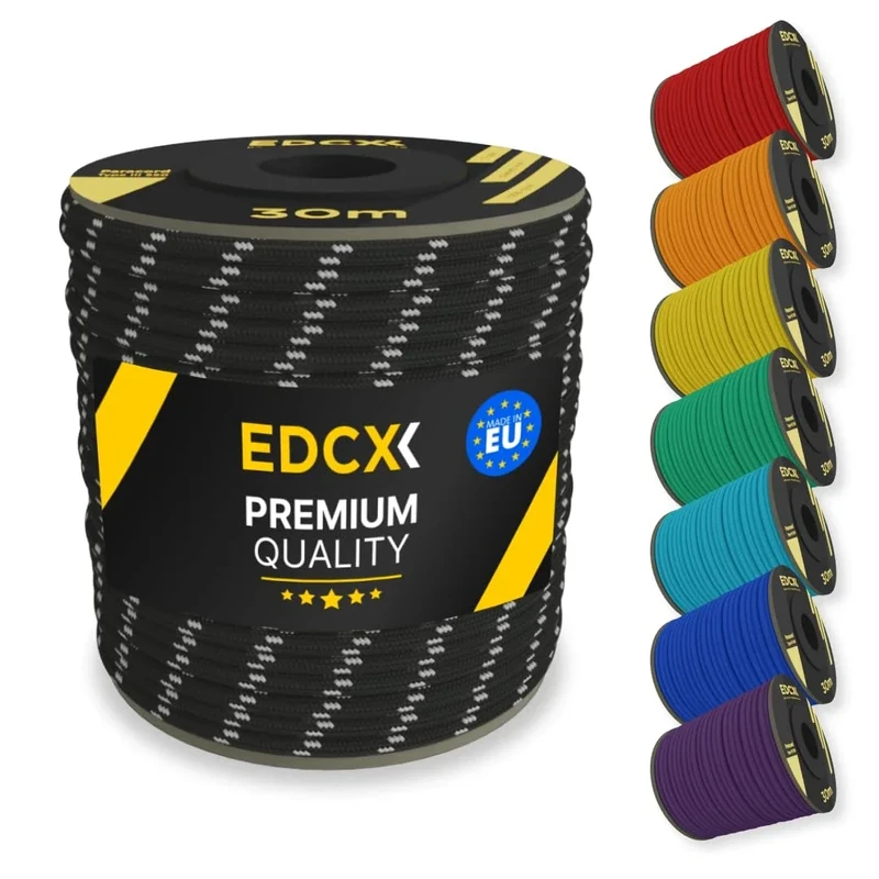 EdcX 4 mm Nylon Paracord 550 30 m (100 Fuß) – Typ III, 100% Nylonseil, 7-strängiges Seil, 4 mm Nylonseil in Volltonfarben (Reflective Black, 30 m)