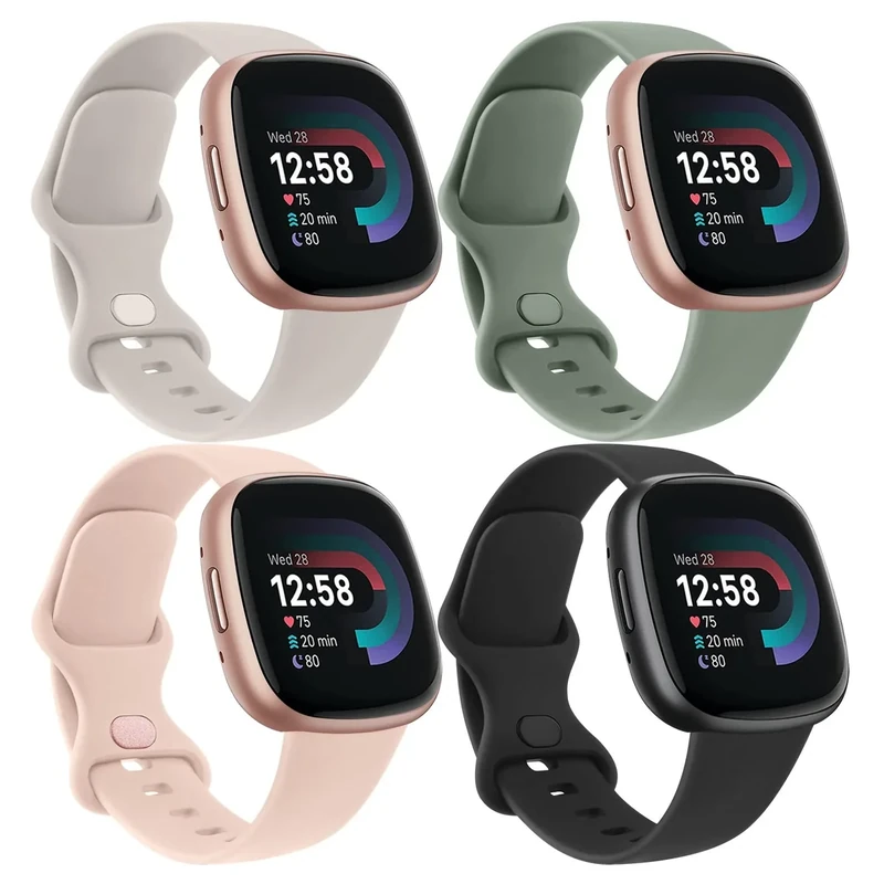 Vancle 4Pack Silikon Sport Armband für Fitbit Versa 4/3, Sense 2/1 - Damen Herren Ersatzarmbänder (S, Schwarz/Starlight/Rosa/Avocadogrün)