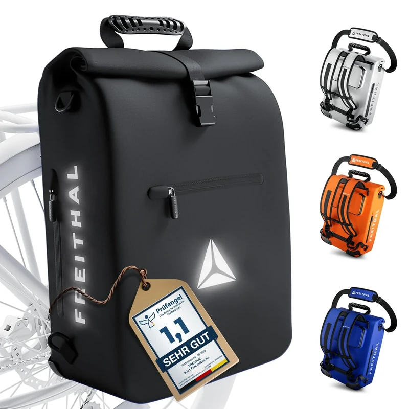 FREITHAL - 3in1 Fahrradtasche Rucksack [25L] Verwendbar als Gepäckträgertasche, Rucksack & Umhängetasche - 100% wasserdichte & Reflektierende Fahrradtasche - Mit 16" Laptopfach - Schwarz