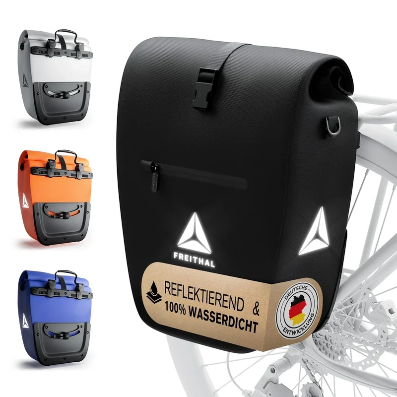 FREITHAL - Fahrradtasche für Gepäckträger [27L] - 100% wasserdicht & mit Reflektoren - Gepäckträgertasche & Umhängetasche - Bike Bag - Schwarz