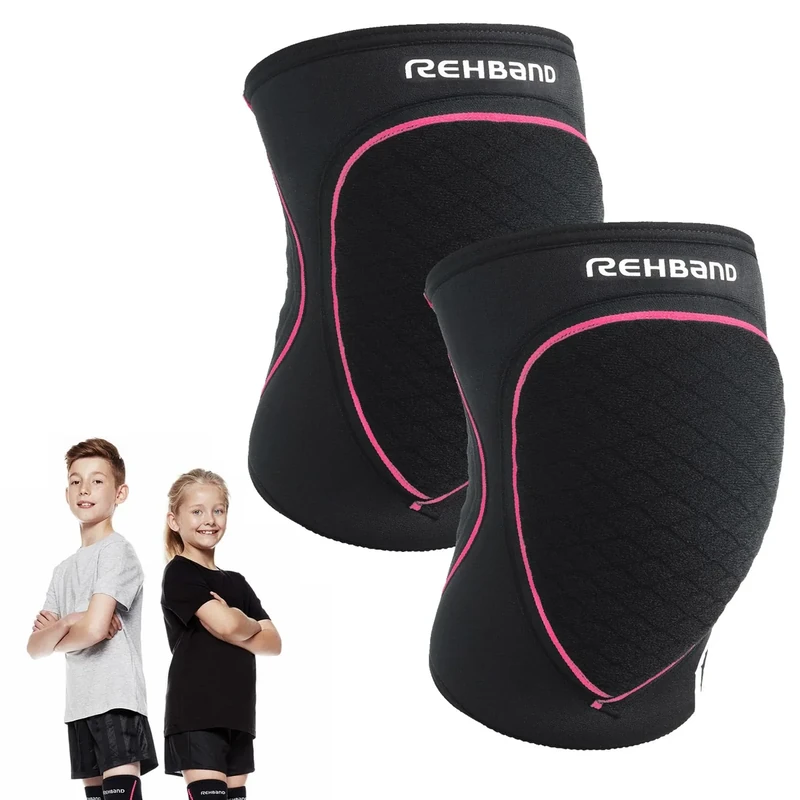 Rehband Knieschoner Kinder, 1 Paar, Kniepolster für Volleyball & Handball - komfortabel & hoher Schutz, Kinder Knieschutz Hallensport, Farbe:Schwarz/Pink, Größe:S, Seite:Paar