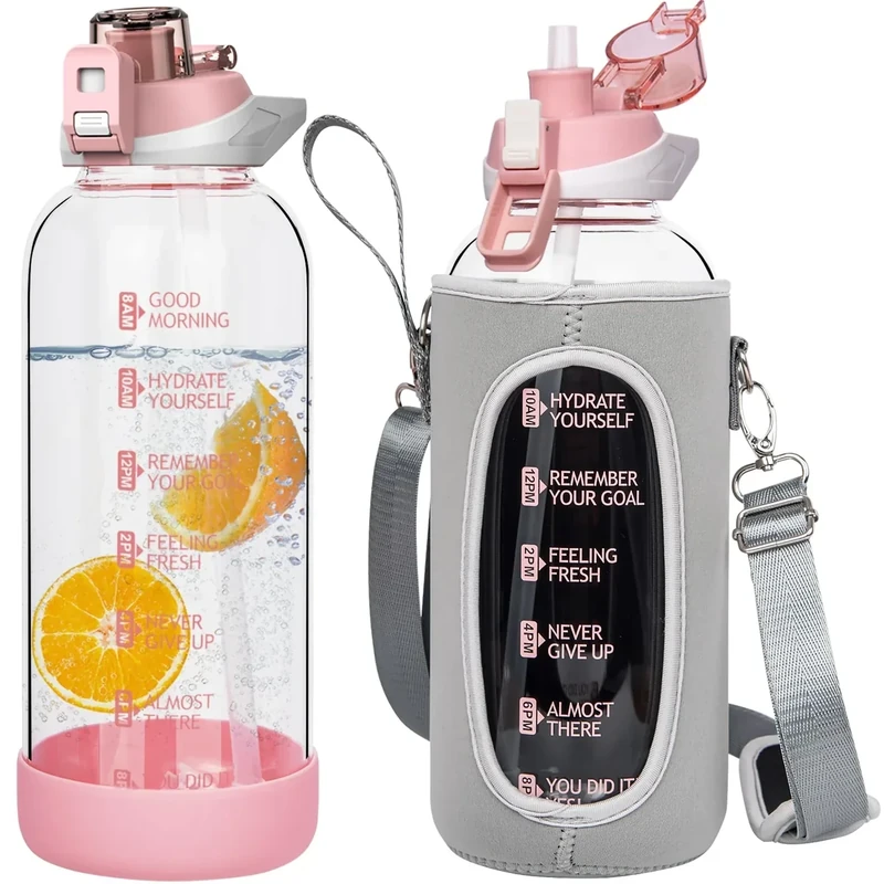 Seekua 1.5 liter Sport Trinkflasche Glas Flasche mit Strohhalm & Zeitmarkierung auslaufsicher bpa frei 1.5l Große Wasserflasche Motivation mit Schutzhülle für Smoothie, Früchte Kohlensäure geeignet