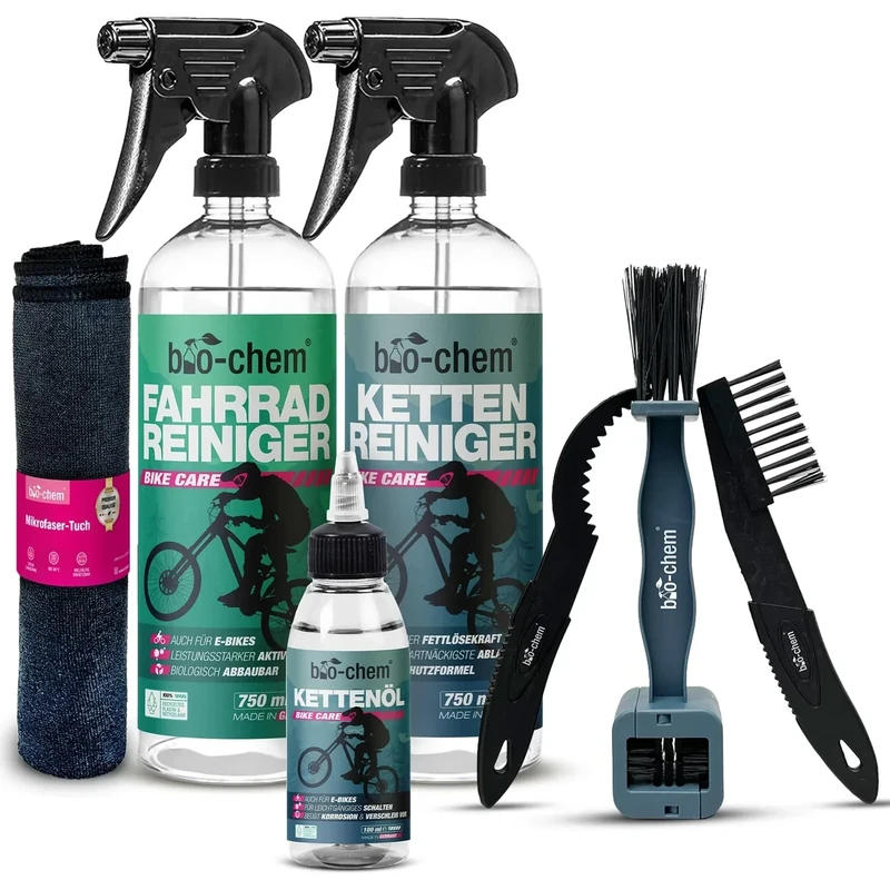 bio-chem Fahrrad Reinigungsset PROFI 7-teilig - Effektives & materialschonendes Pflegeset: 1x Fahrradreiniger 750ml + 1x Kettenreiniger 750ml + 1x Kettenöl 100 ml + 3x Reinigungsbürste