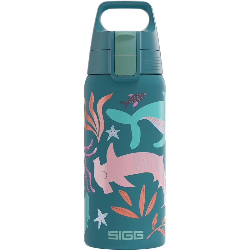 Sigg - Isolierte Trinkflasche Kinder - Shield Therm One Blue World - Kohlensäuregeeignet - Auslaufsicher - Spülmaschinenfest - BPA-frei - 90% recycelter Edelstahl - Blau mit Meerestieren - 0,5L