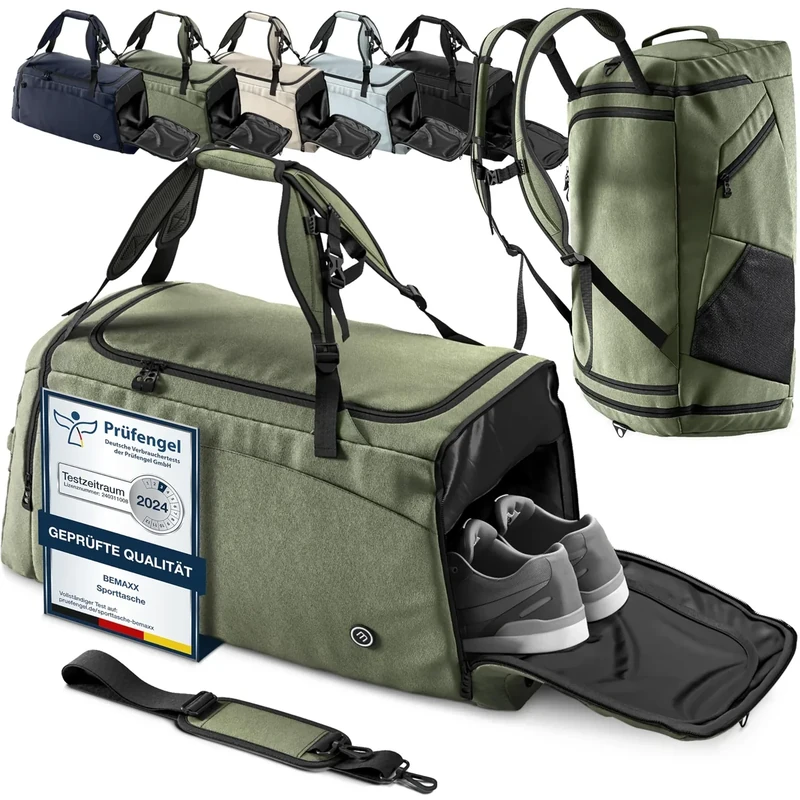 Sporttasche Trainingstasche + Rucksack, Schuhfach, Nassfach | Reisetasche Schwimmtasche Fitnesstasche Sport Gym Fitness Umhängetasche Handgepäck Weekender Bag Reise Tasche Herren Damen | 40 L, Grün