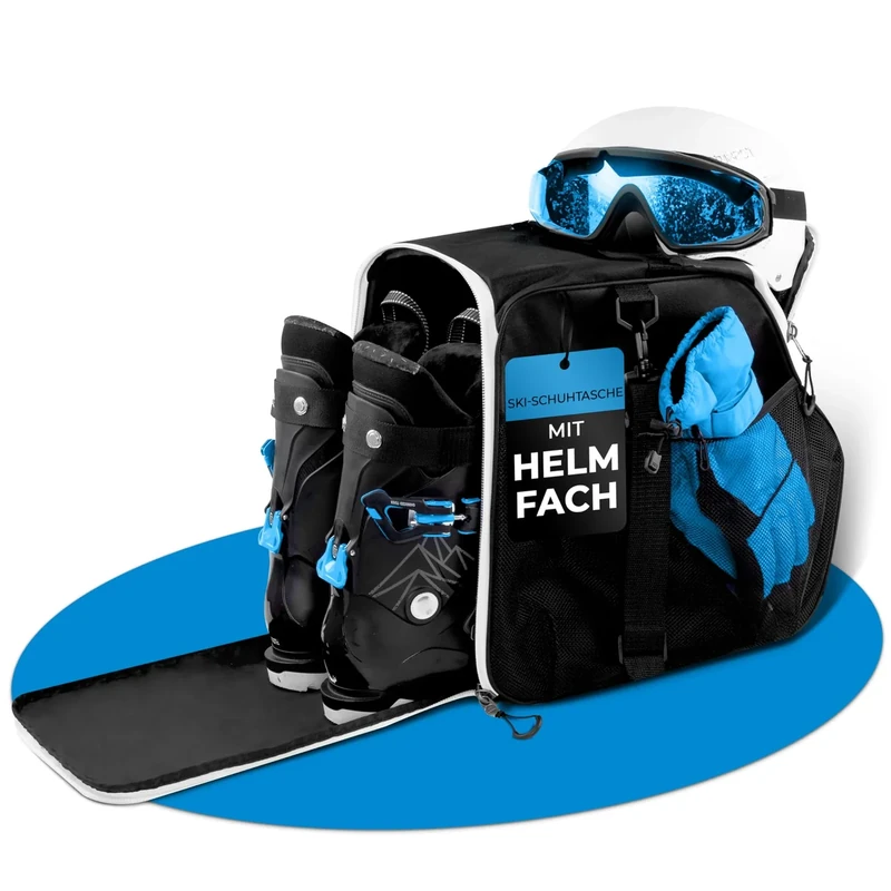 STYNGARD Skischuhtasche mit Helmfach und Stiefelfach [40 L] - Ski Stiefeltasche mit Umhängefunktion und Stauraum für Skizubehör - Tasche für Skischuhe Modell Zermatt (Schwarz-Weiß)