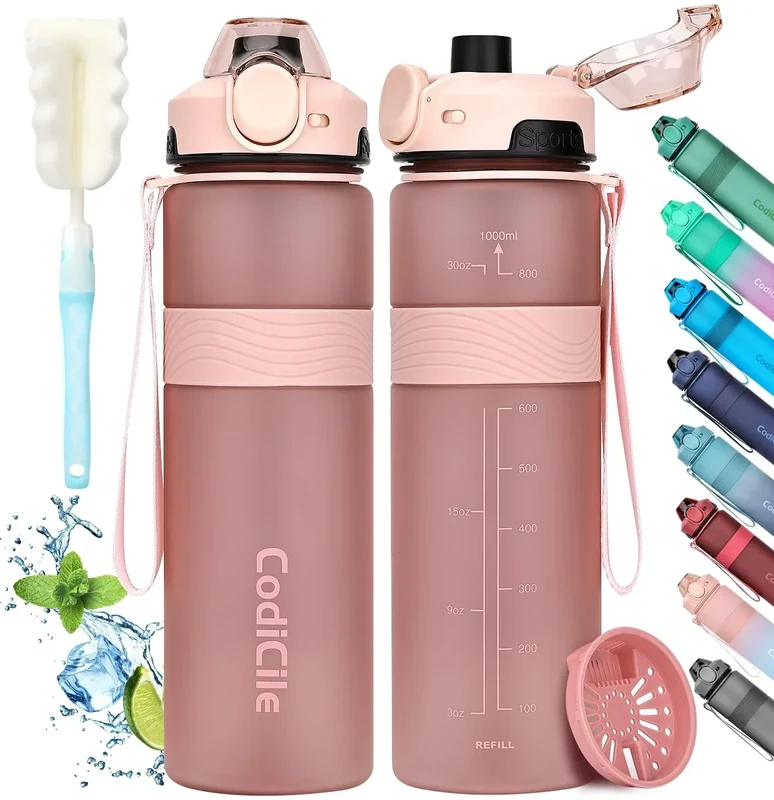 CodiCile Trinkflasche, BPA-frei, 1 Liter Trinkflasche Sport Auslaufsichere, Große Wasserflasche 1L Ideal für Fitnessstudio, Schule, Büro und Reisen (Roségoldenes Rosa)