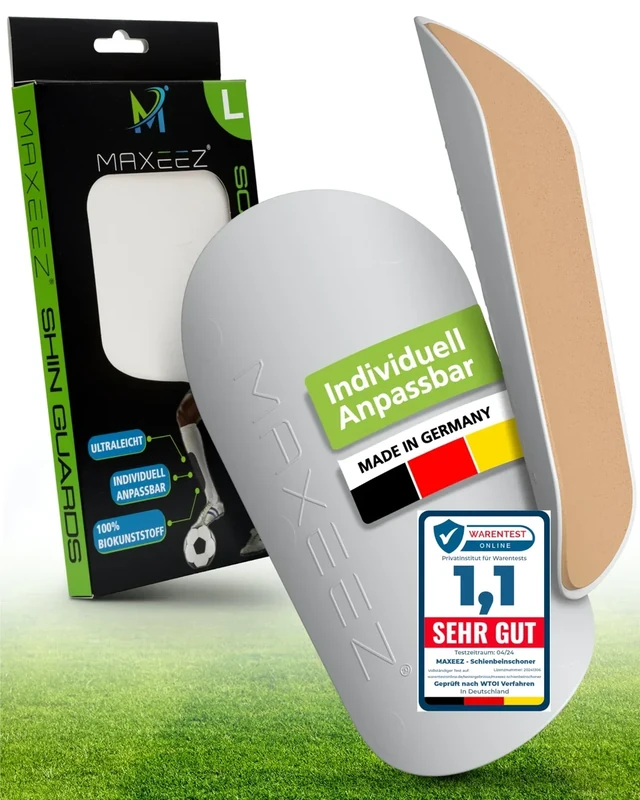 MAXEEZ – Die innovativsten Schienbeinschoner der Welt für Erwachsene und Kinder – Individuell anpassbare Schienbeinschoner Fußball Herren Damen – aus Biokunststoff sitzt bombig - Gr. L (weiß)