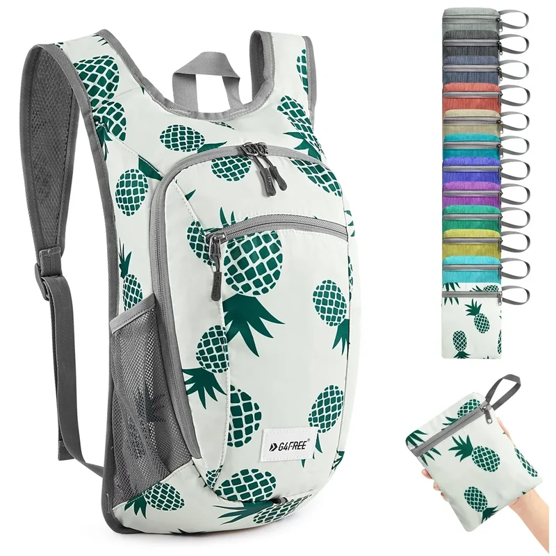 G4Free Kleiner Rucksack, 10/15 l, faltbar, leicht, verstaubar, Tagesrucksack, Reisen, Outdoor, Wandern, Schultertasche, GRÜN Ananas, 10Liters, Klassisch