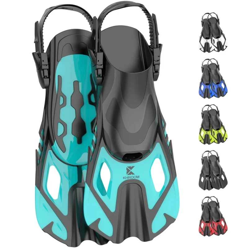 Khroom Schnorchelflossen verstellbar für Kinder Damen Herren | Kurze Tauchflossen & Flippers zum Schnorcheln Schwimmen Tauchen | leichte Schwimmflossen für Urlaub & Pool (Türkis 32-36)