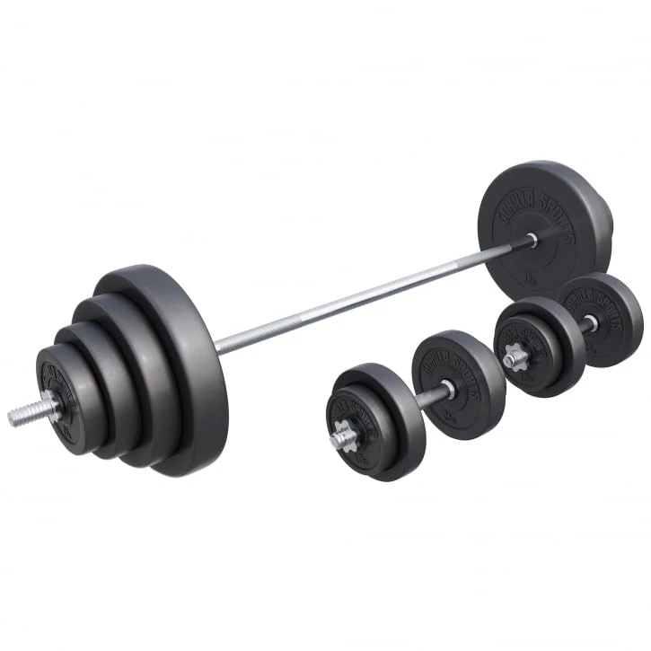 GORILLA SPORTS® Langhantel Set - 60kg, 100kg oder 130kg, Langhantelstange 170cm, 2 Kurzhanteln, Hantelscheiben aus Kunststoff, 30mm, mit Sternverschlüssen - Hantelset, Langhanteln, Gewichten, Fitness