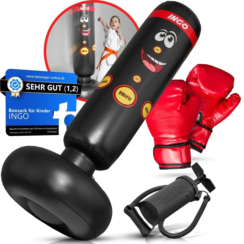 INGO® Boxsack für Kinder (pädagogisch konzipiert für Innere Kraft), inkl. Handschuhe & Pumpe | Kinder Boxsack (165cm) zur Schulung von Fokus, Selbstkontrolle & Körperbewusstsein