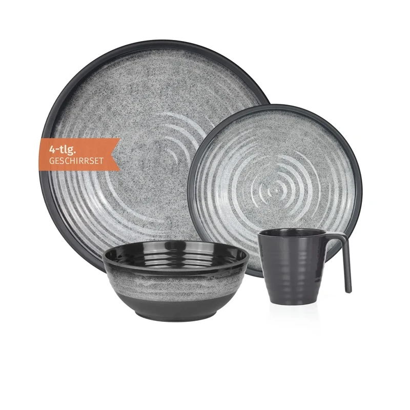 Camping Geschirr Set 1 Person 4-teilig | Melamin | Picknick Geschirrset | Campinggeschirr Stone Grey Design