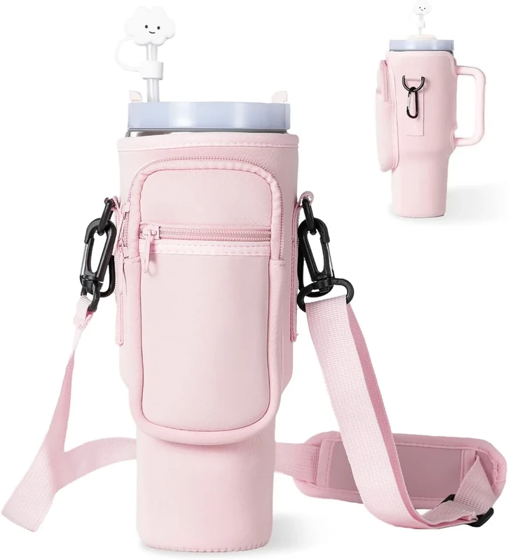 dabria Wasserflaschen-Tragetasche mit Handyfach für Stanley Trinkbecher, Neopren, Wasserflaschenhalter mit verstellbarem Riemen, Bollus mit Strohhalm-Abdeckung und Karabiner, für Stanley Cup-Zubehör