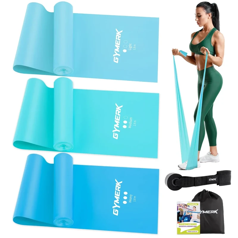 GYMERK Fitnessbänder 3er-Set, 1.8m Gymnastikband mit 3 Widerstandsstufen, Fitnessband mit Türanker Tragetasche und Übungsanleitung, ideal für Yoga, Pilates, Krafttraining