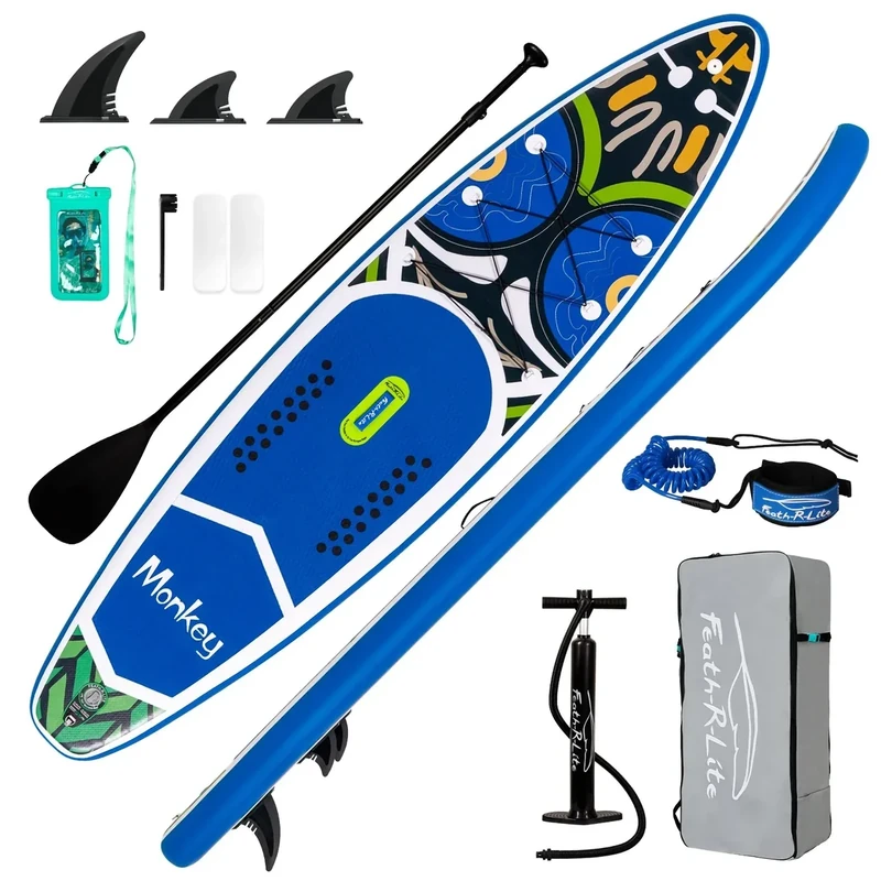 FunWater 320CM&350CM Stand Up Paddle Board Mit Vollem Zubehör Paddleboard SUP Board Mit Verstellbares Paddel, Pumpe, Reiserucksack, Leine, wasserdichte Tasche (350CM AFFE-BLAU)