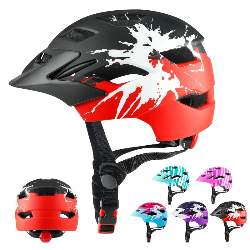 RaMokey Fahrradhelm Kinder, Fahrradhelm mit Licht für Kinder Leichter Kinderhelm mit Verstellbares Zifferblatt für Mädchen und Jungs 50-56CM (ab 5-14Jahre) (Schwarz+Rot)
