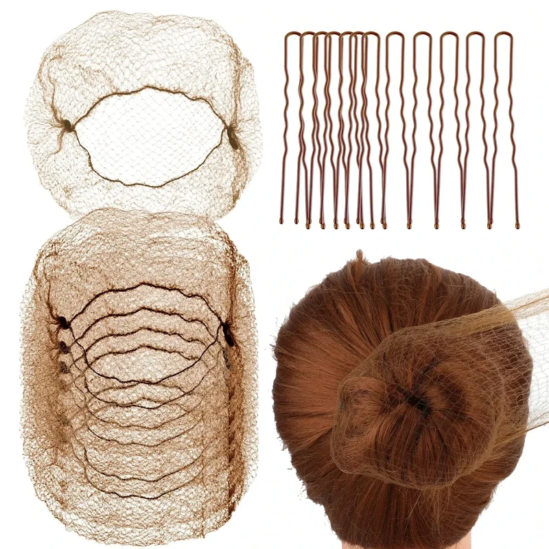 Abeillo Haarnetze für Dutt, 20 Stück Elastisches Ballett Haarnetz, Unsichtbare Haarnetze und 40 U-förmige Haarnadeln, Set für Frauen, Mädchen, Balletttänzer, Krankenschwester (Braun) - Image 1