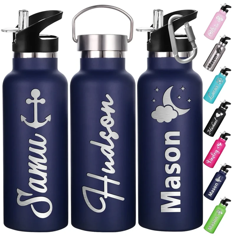 Xihedfd Personalisierte Trinkflasche Kinder mit Namen Gravur 350ml 750ml Personalisiert Flasche mit Strohhalm Deckel Edelstahl Thermosflasche Geschenk für Die Schule Sport Büro Im Freien