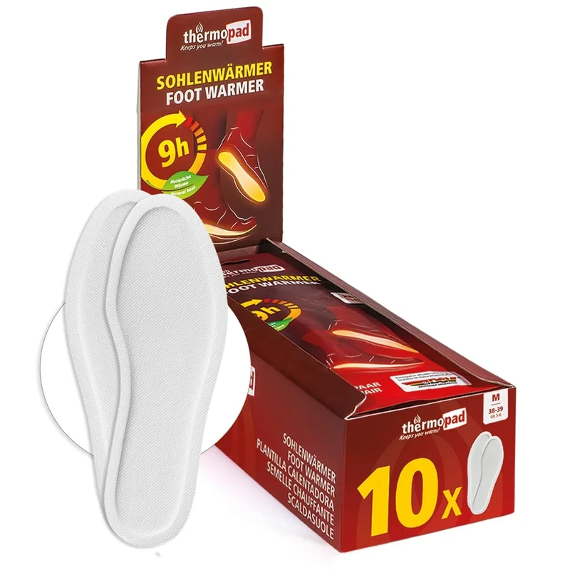 THERMOPAD Sohlenwärmer - DAS ORIGINAL: 5, 10 oder 30 Paar Wärmepads (erhältlich in 5 Größen) - Einlegesohle für 9 Stunden Wärme I Fußwärmer Pads I Extra warme Wärmesohle M für Schuhe & Skischuhe